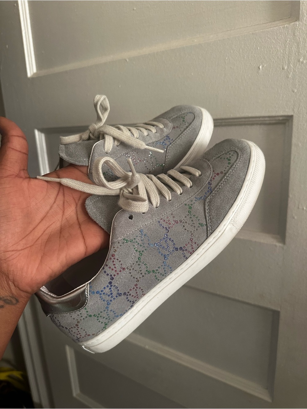 Valentino Gray Suede Sneakers with Multicolor Stud Pattern